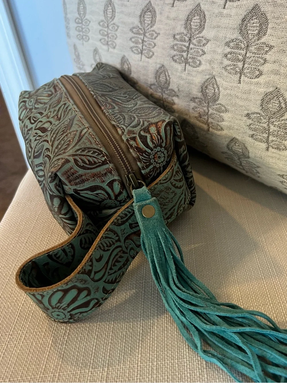 Myra Bag Teal and Brown Embossed Floral Cosmetic Wristlet